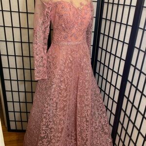 Pink Off the Shoulder Bishop Sleeve Gown